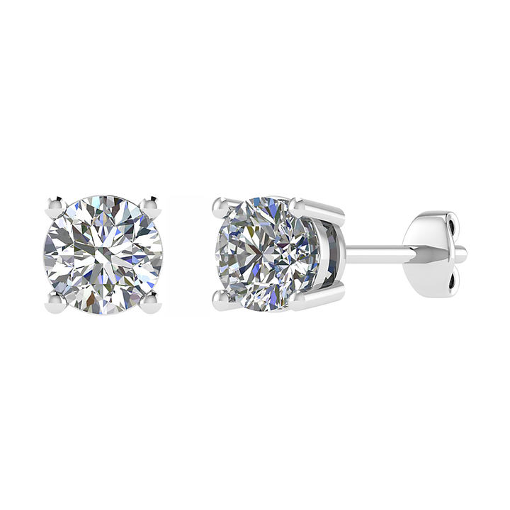 White gold four-claw basket lab-grown diamond stud earrings front and angled view