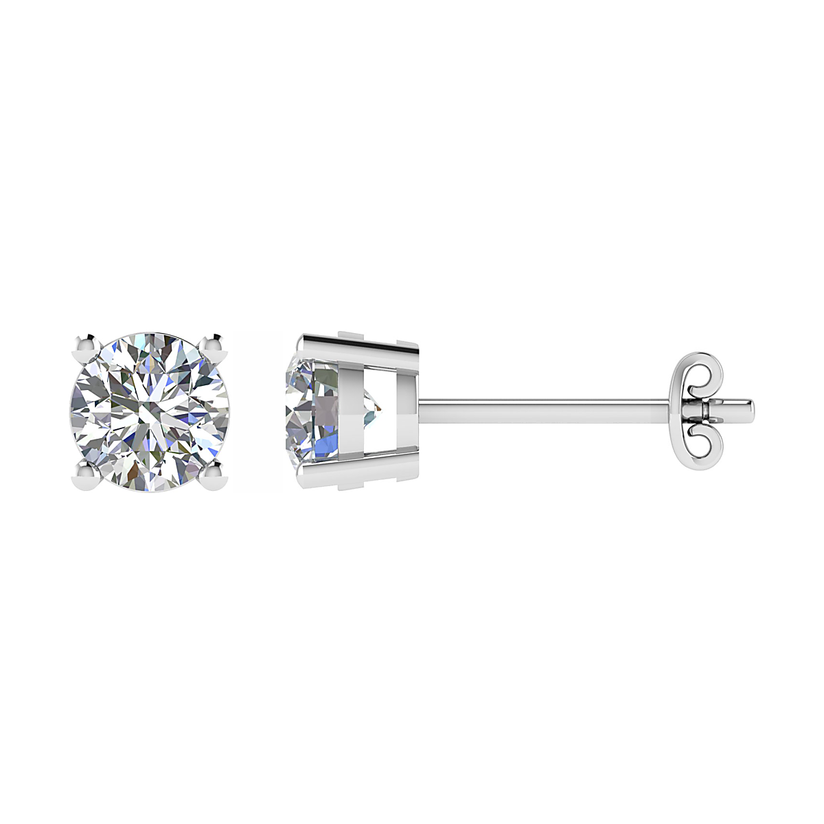 White gold four-claw basket diamond studs showing the gallery, straight post and butterfly back in side profile