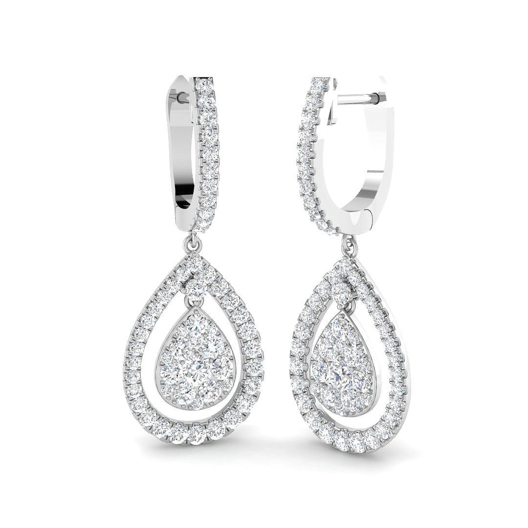 Lab-grown diamond pear-shaped cluster halo hoop drop earrings in 9ct White Gold