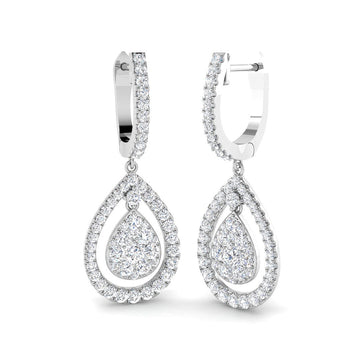 Lab-grown diamond pear-shaped cluster halo hoop drop earrings in 9ct White Gold
