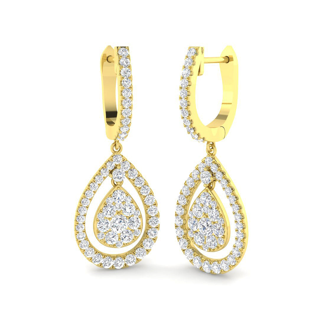 Lab-grown diamond pear-shaped cluster halo hoop drop earrings in 9ct Yellow Gold