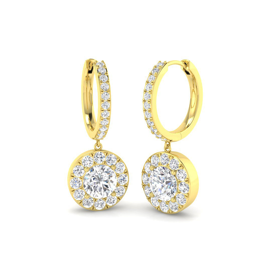 Lab-grown diamond round halo hoop drop earrings in 9ct Yellow Gold