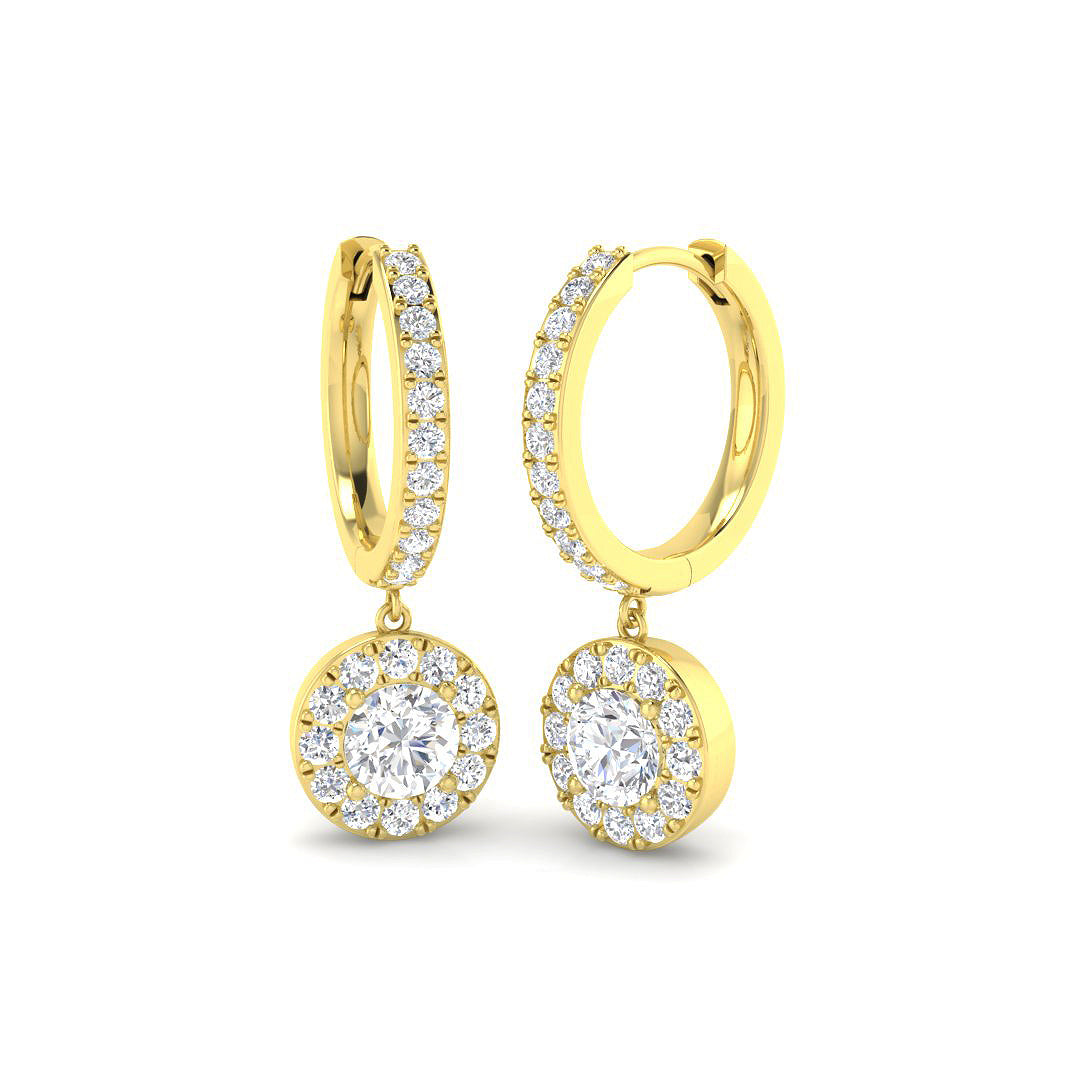 Lab-grown diamond round halo hoop drop earrings in 9ct Yellow Gold
