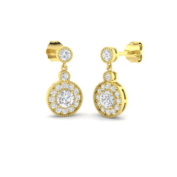 Lab-grown diamond vintage round halo drop earrings in 9ct Yellow Gold
