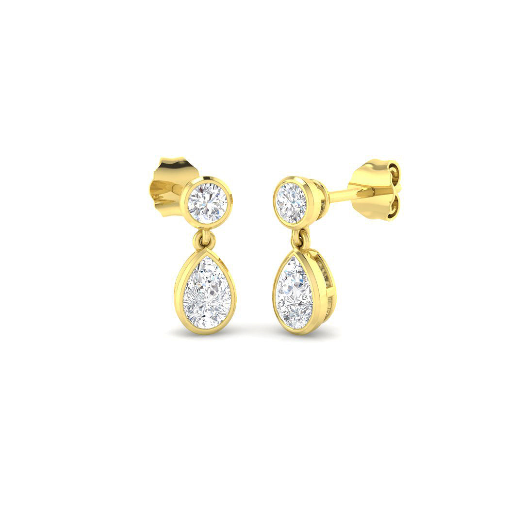 Lab-grown diamond pear and round bezel drop earrings in 9ct Yellow Gold