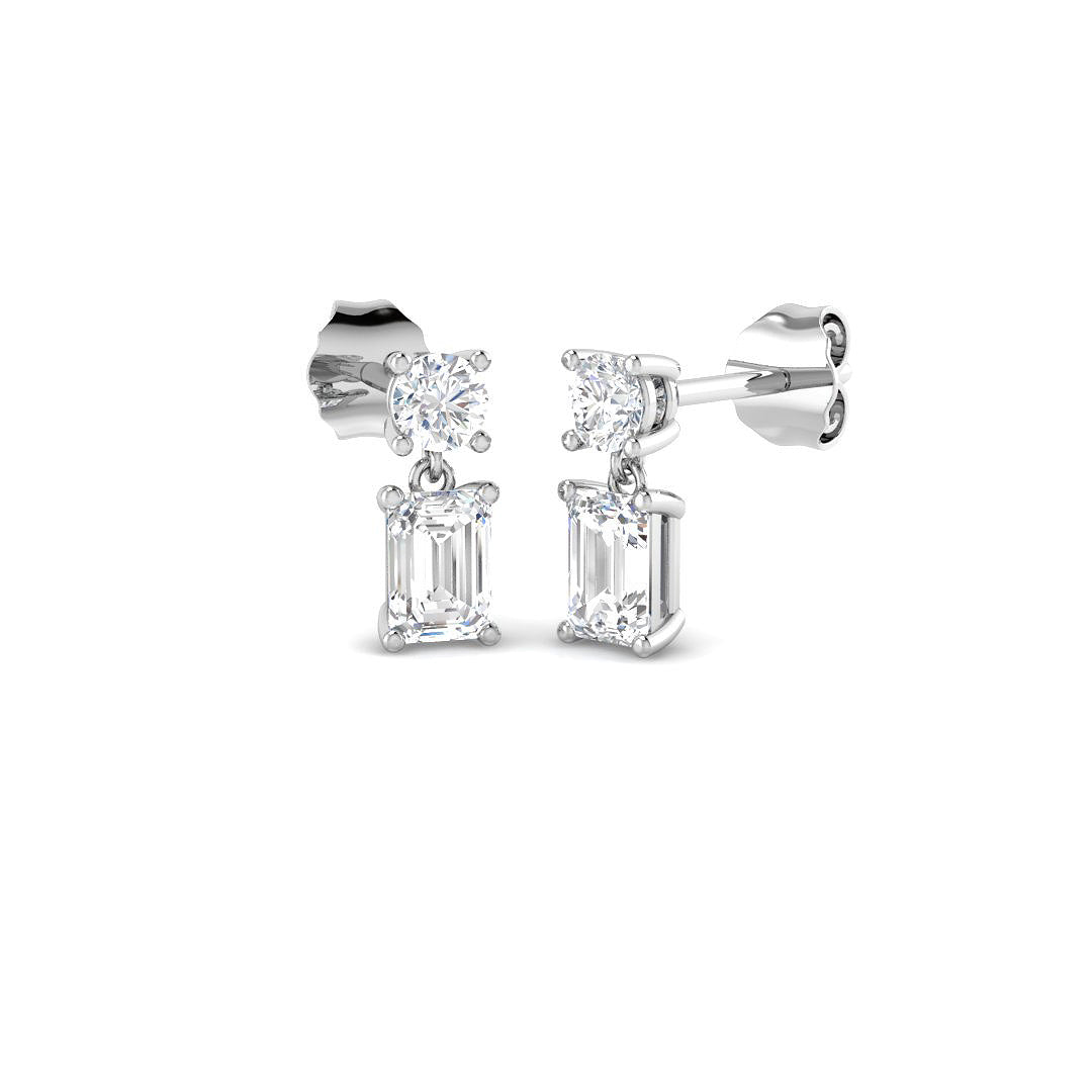 Lab-grown diamond emerald-cut and round claw drop earrings in 9ct White Gold