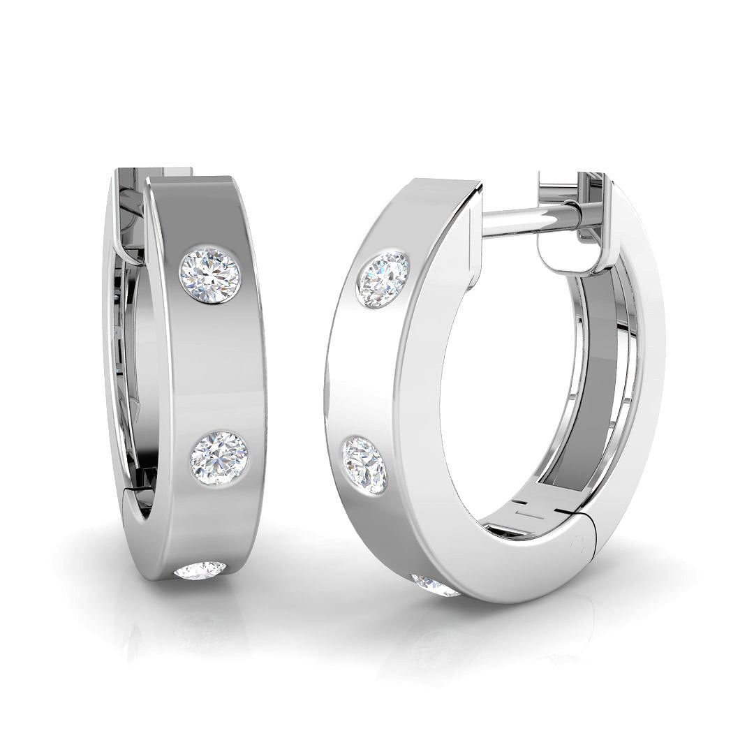 0.11ct lab-grown diamond flush-set three-stone huggie hoop earrings in 9ct white gold