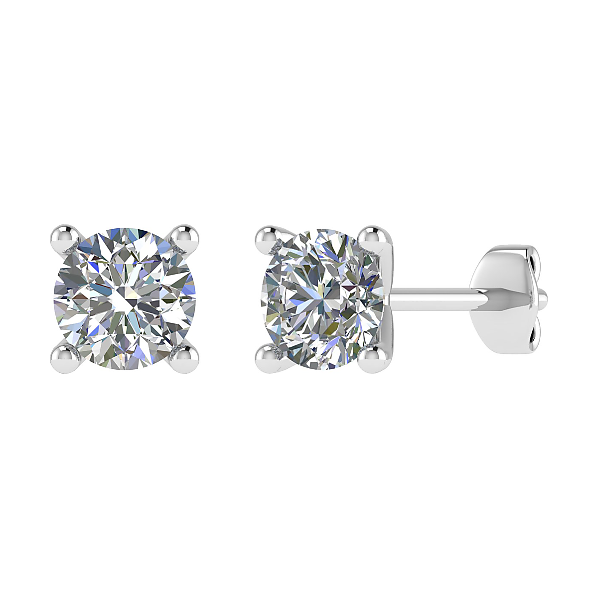 White gold four-claw martini lab-grown diamond stud earrings shown from the front and an angled view