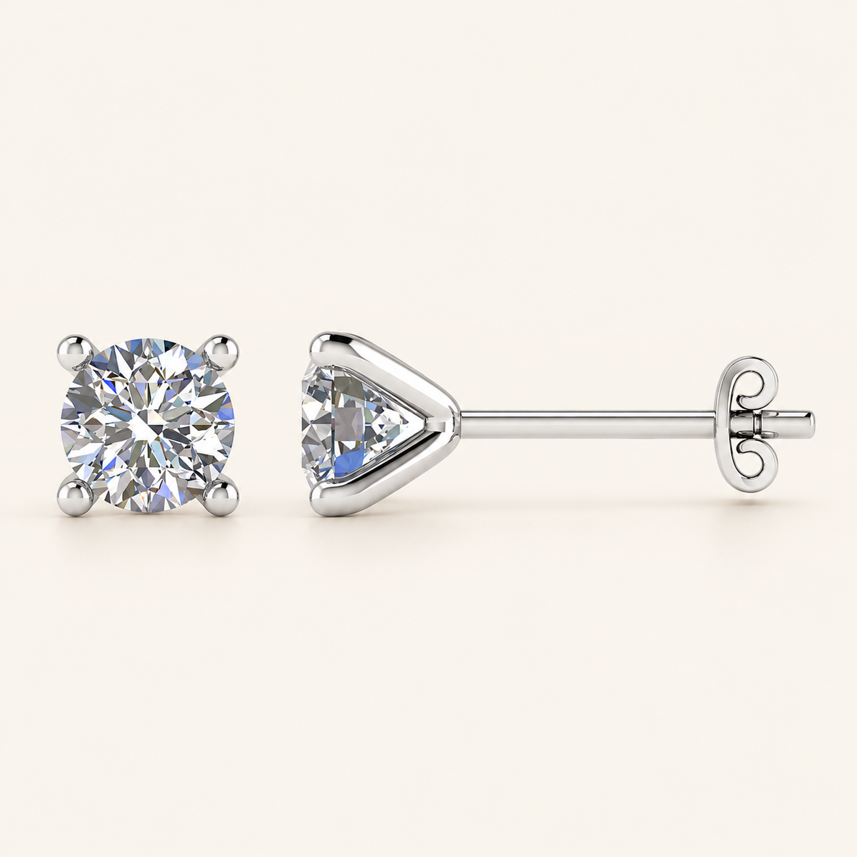 White gold four-claw martini diamond studs with open tapered setting and no gallery rail