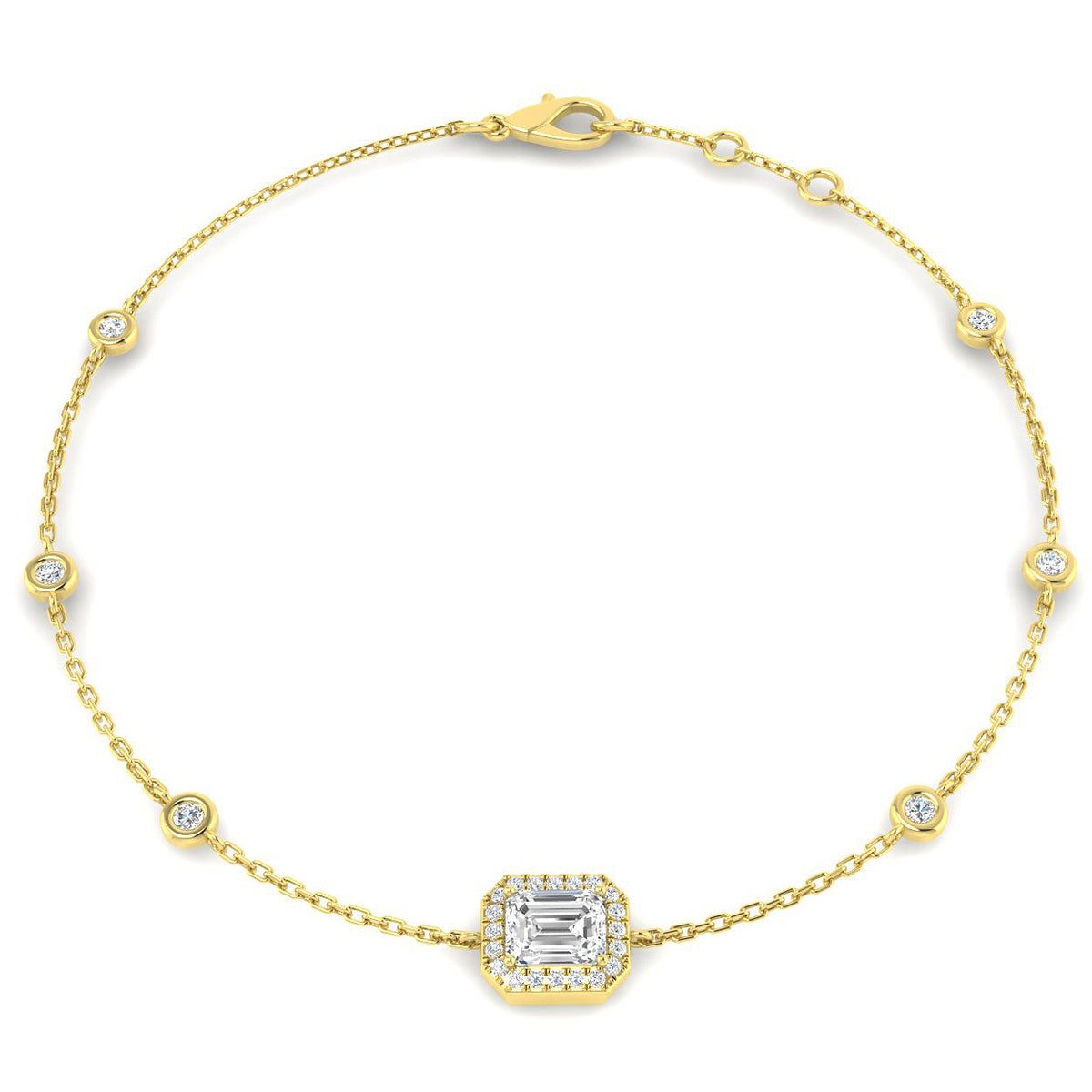 0.74ct Lab-Grown Diamond Emerald-Cut Halo Station Bracelet in 9ct Yellow Gold
