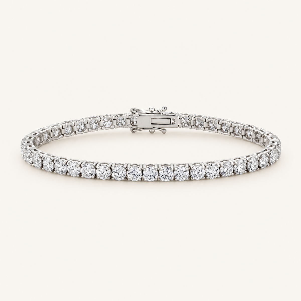 Diamond tennis bracelet in white gold on an ivory background