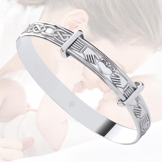 Sterling Silver 925 Celtic Claddagh Pattern Expandable Baby Bangle