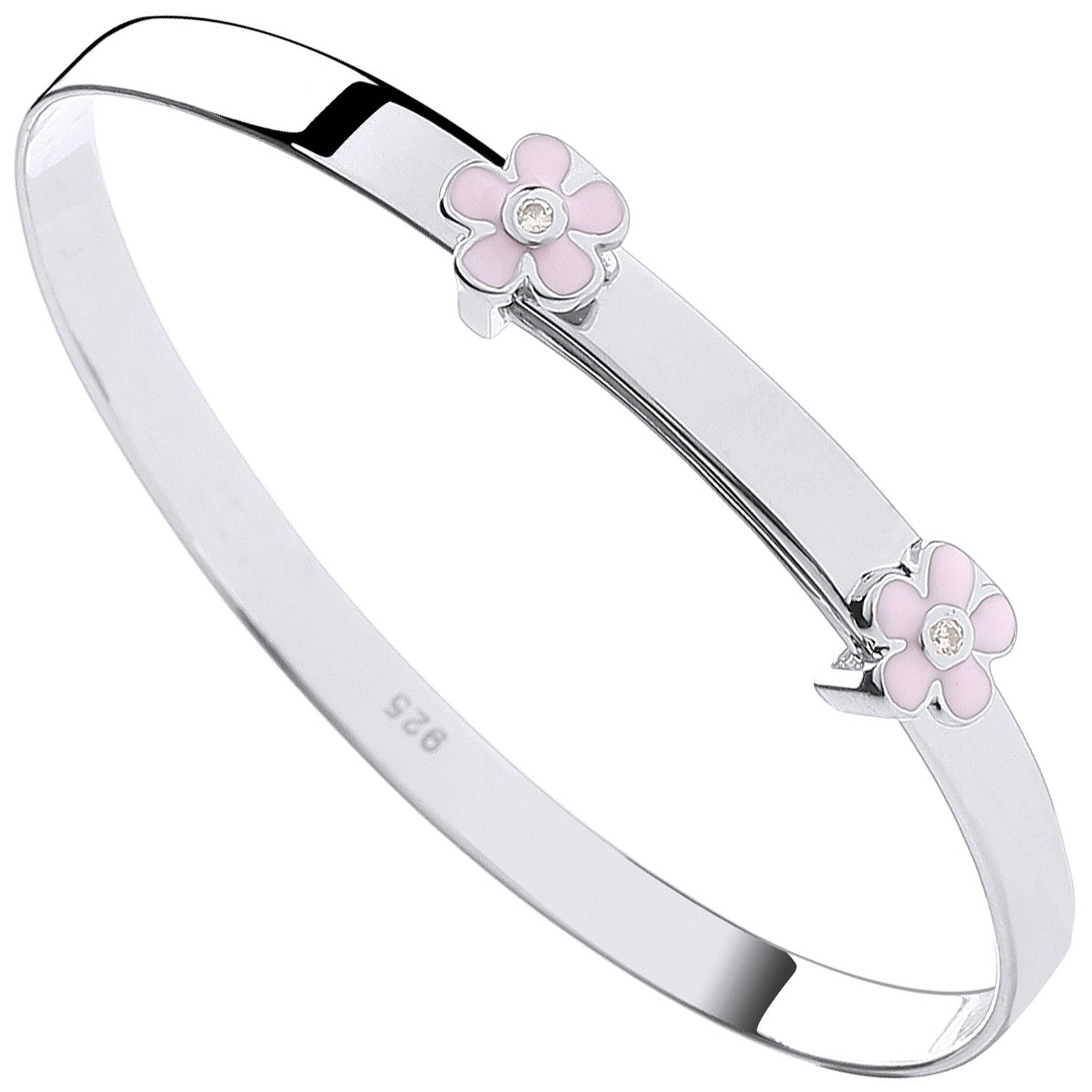 Sterling Silver 925 Personalised Pink Flower Baby Bangle