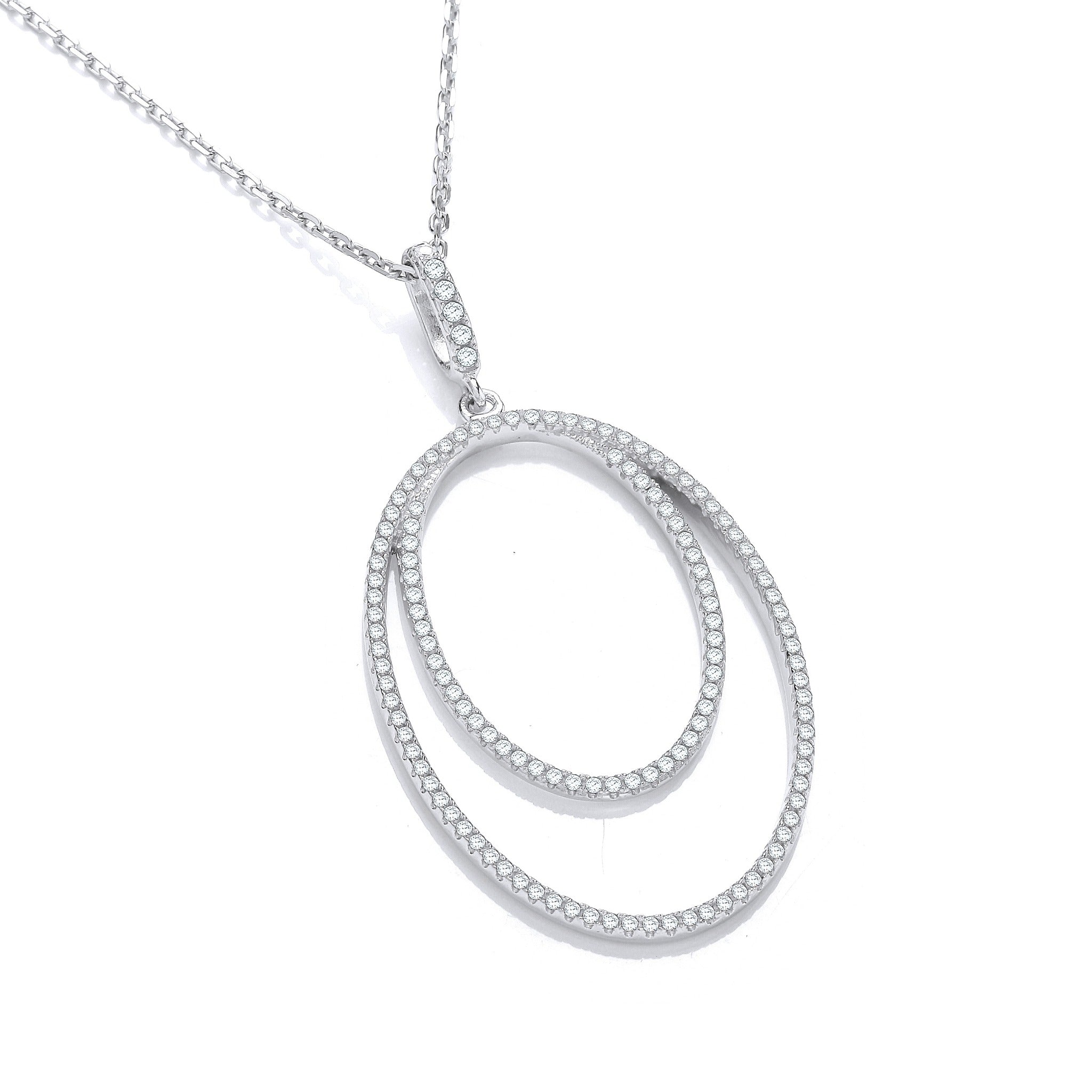 Silver Micro Pavé Oval Double Row Cubic Zirconia Pendant with 18" Chain