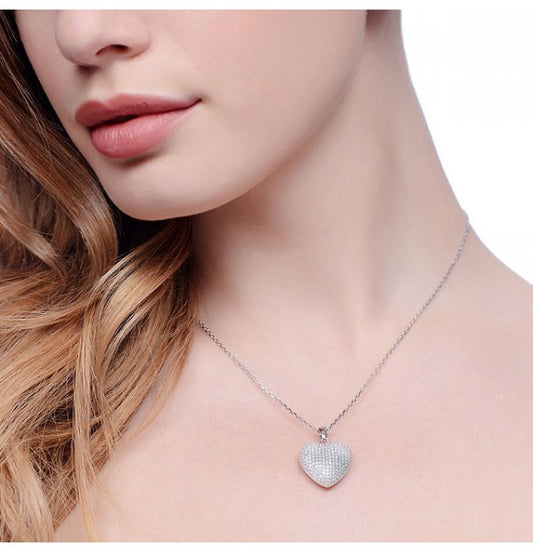 Silver Micro Pave Heart Cubic Zirconia Pendant with 18" Chain