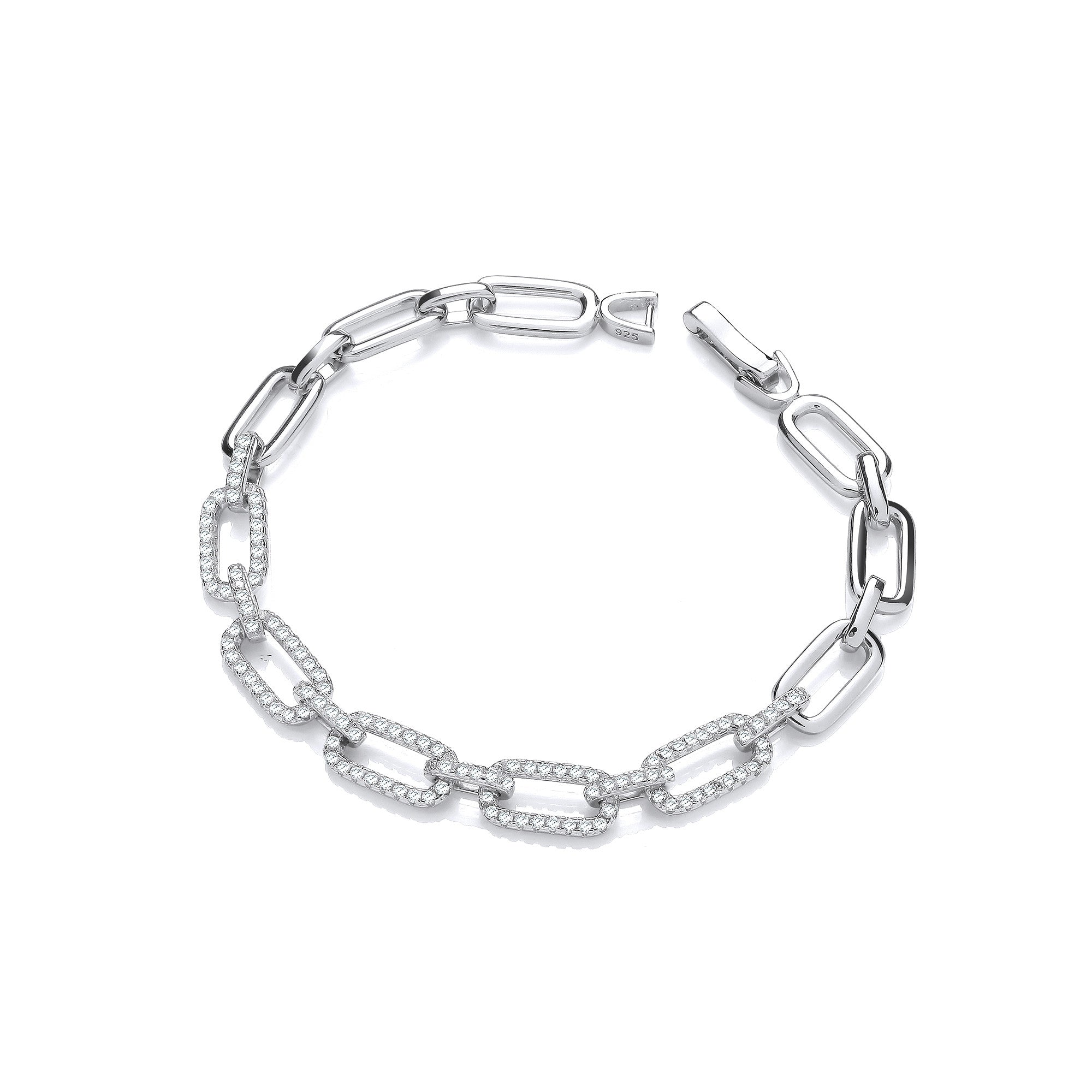 Sterling Silver Rectangle Link Cubic Zirconia Ladies Bracelet
