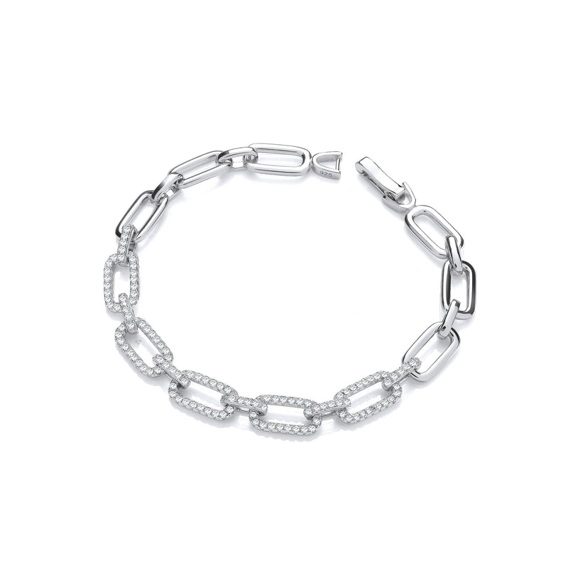 Sterling Silver Rectangle Link Cubic Zirconia Ladies Bracelet