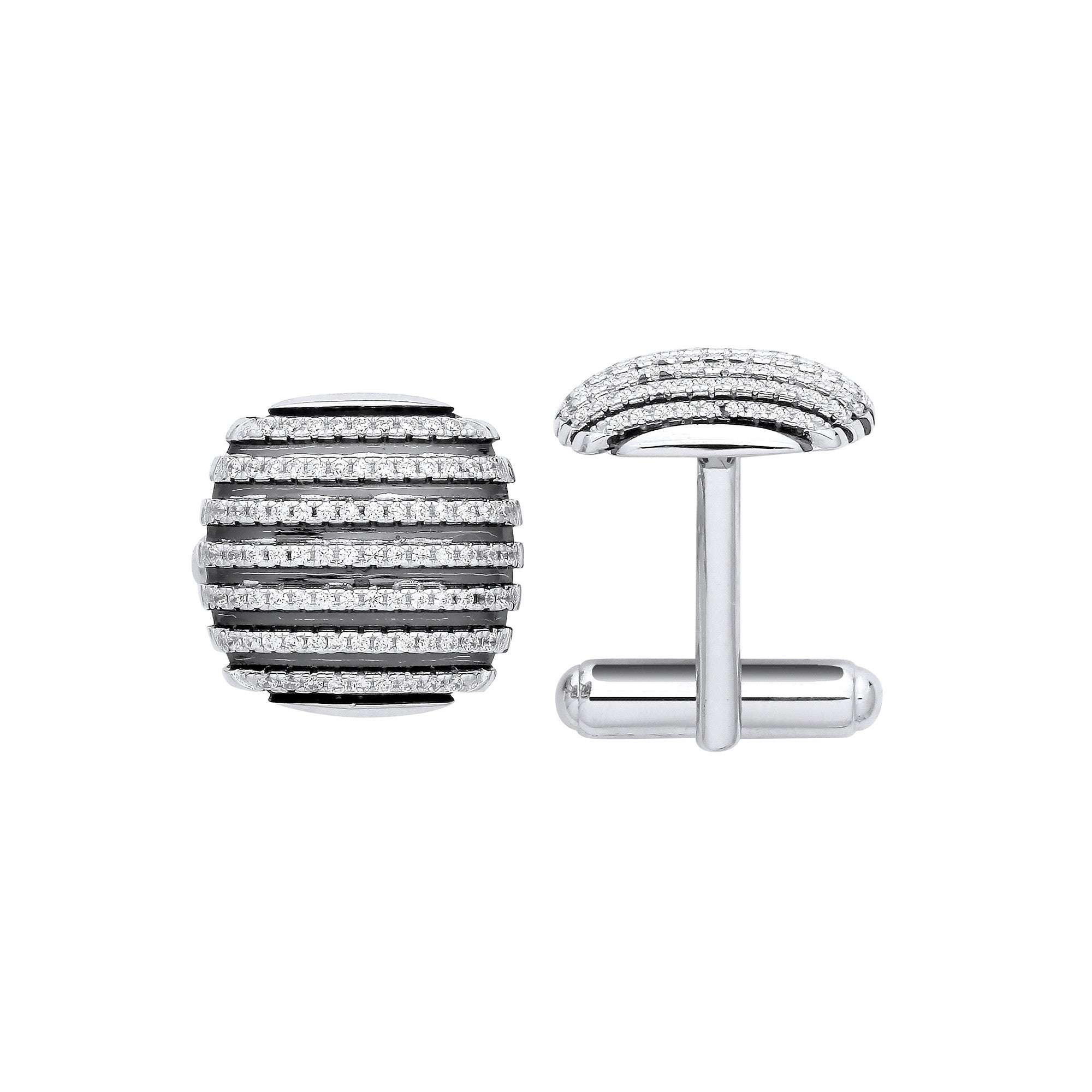 Sterling Silver & Black Stripes Cubic Zirconia Domed Cufflinks