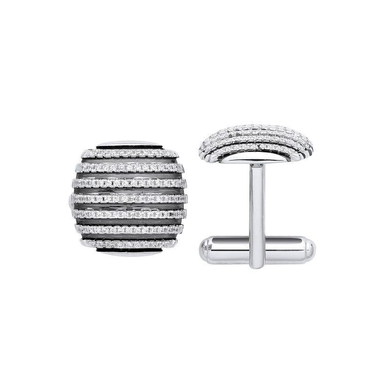 Sterling Silver & Black Stripes Cubic Zirconia Domed Cufflinks