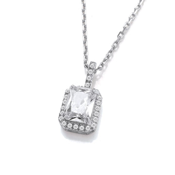 Emerald Cut CZ Halo Silver Pendant with Chain