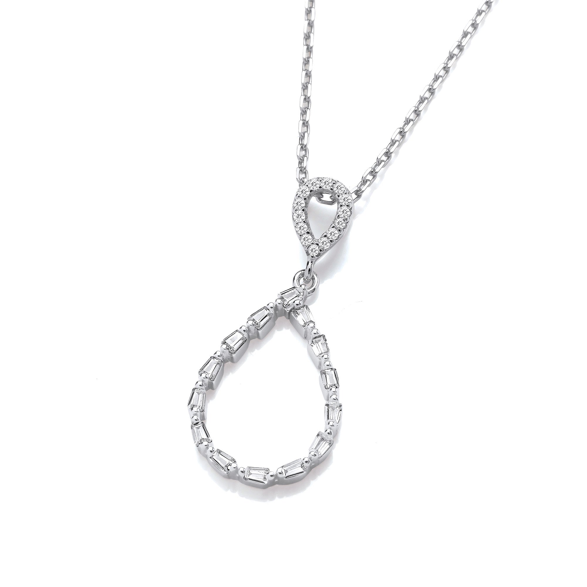 Tear Drop Baguette CZs Silver Pendant with Chain