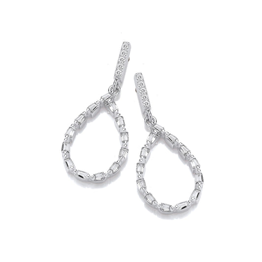 Tear Drop Baguette CZs Silver Drop Earrings