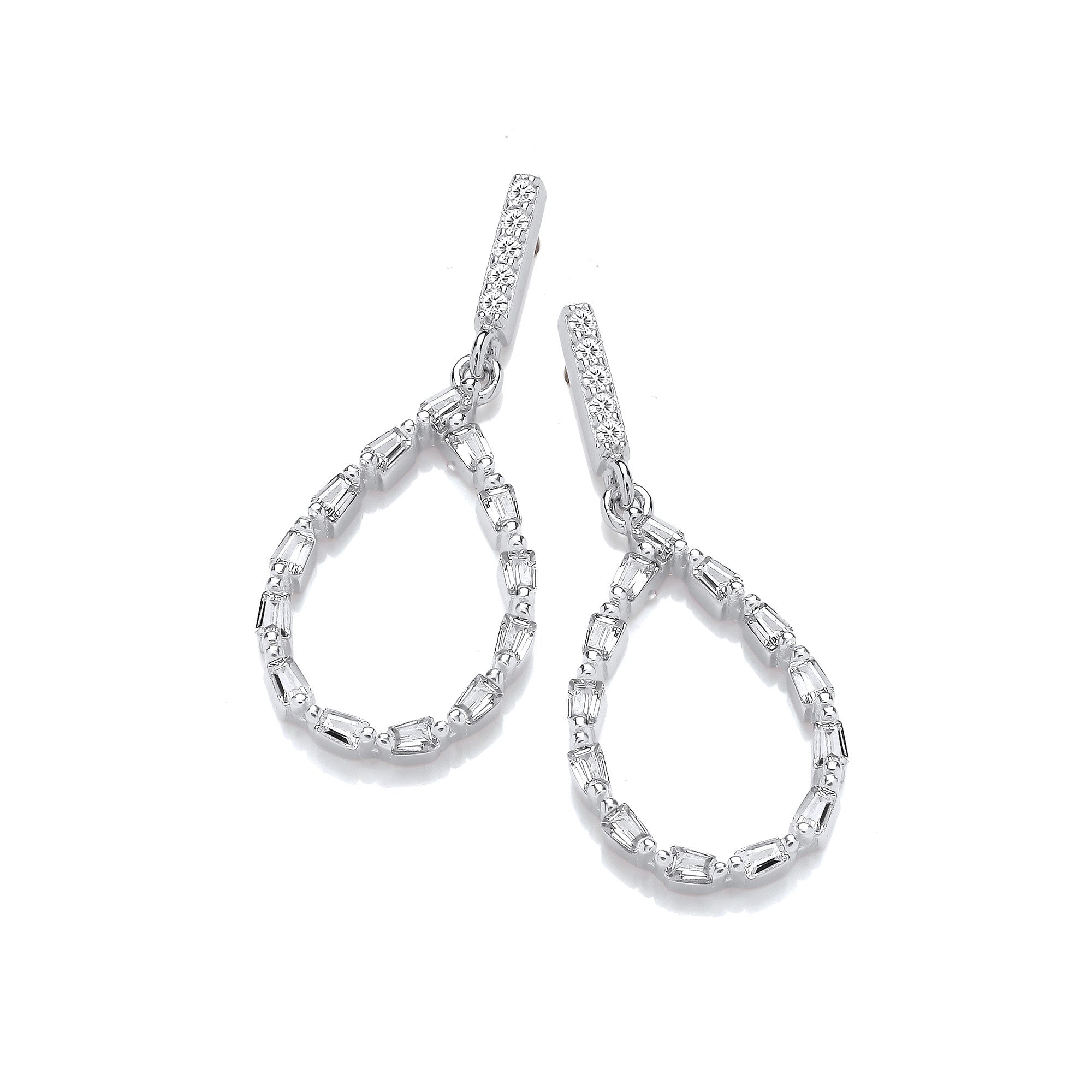 Teardrop Baguette Cubic Zirconia Silver Drop Earrings
