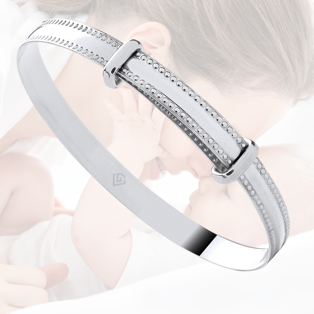 Sterling Silver 925 Expandable Baby Bangle with Beaded Edge Detail