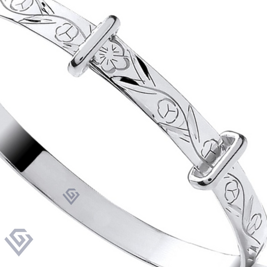 Sterling Silver 925 Expandable Baby Bangle – Floral Engraved Design