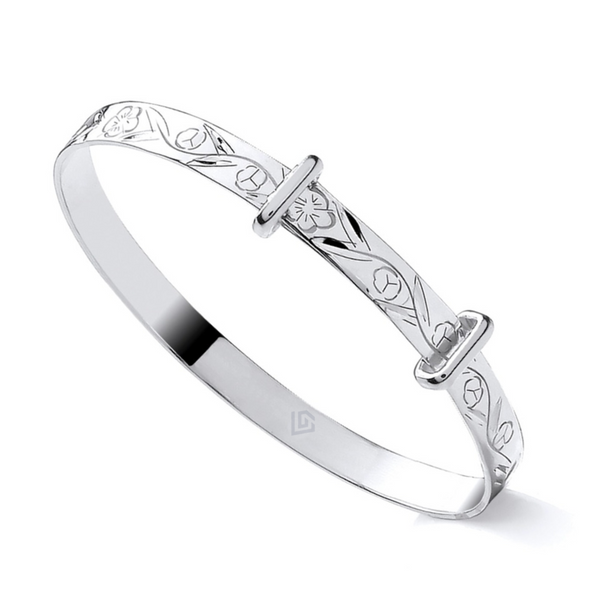Sterling Silver 925 Expandable Baby Bangle – Floral Engraved Design
