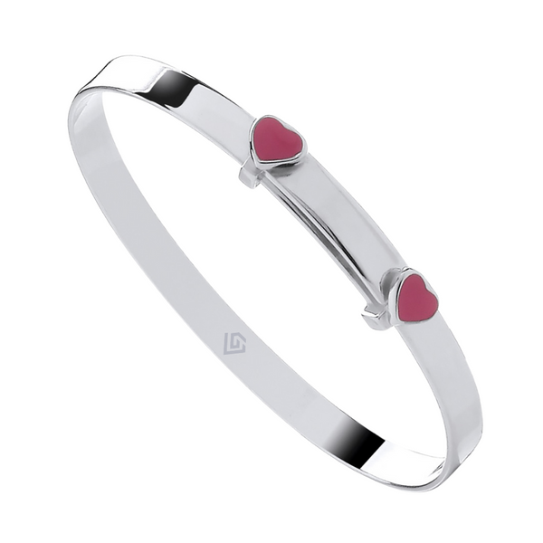 Sterling Silver 925 Personalised Expandable Pink Enamel Heart Baby ID Bangle